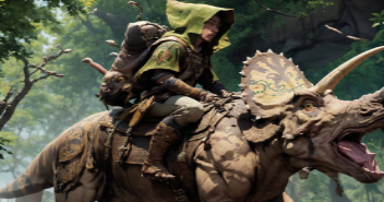 A person in a green suit riding a Triceratops